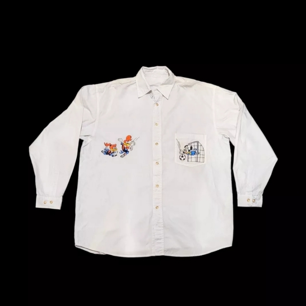 SHIRT LONG SLEEVE WOODY WOODPECKER  VINTAGE GRAPHIC EMBROIDERED (Size L) LARGE